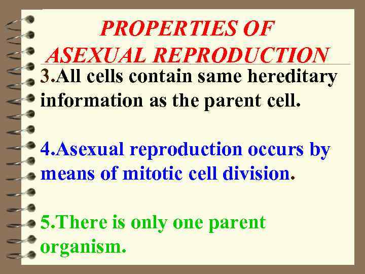 PROPERTIES OF ASEXUAL REPRODUCTION 3. All cells contain same hereditary information as the parent