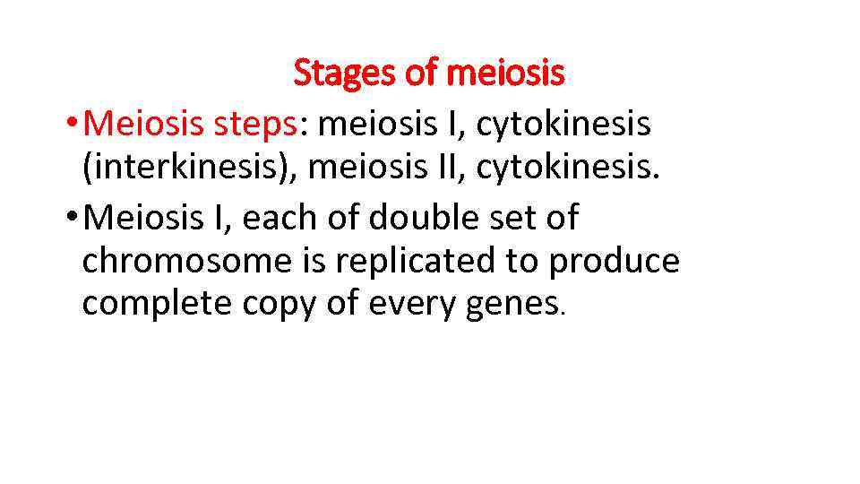 Stages of meiosis • Meiosis steps: meiosis I, cytokinesis (interkinesis), meiosis II, cytokinesis. •