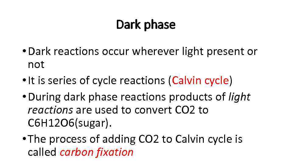 Dark phase • Dark reactions occur wherever light present or not • It is