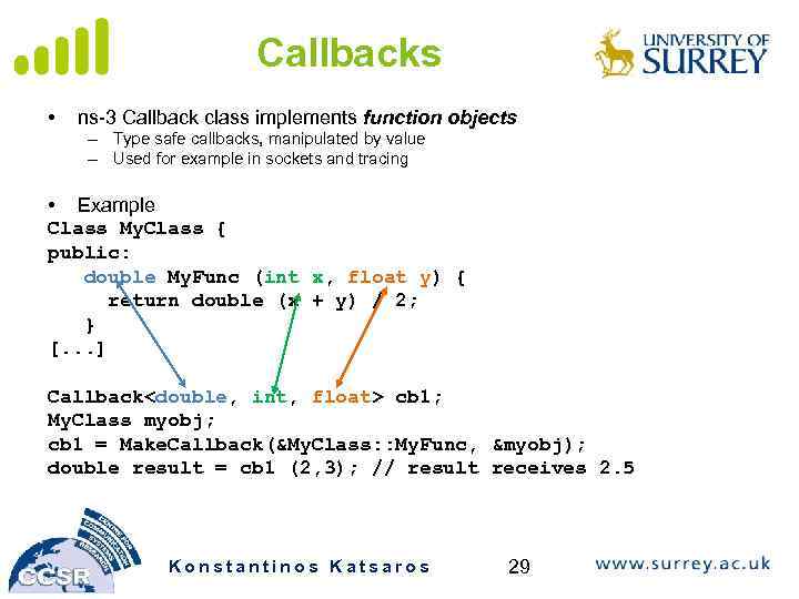 Callbacks • ns-3 Callback class implements function objects – Type safe callbacks, manipulated by