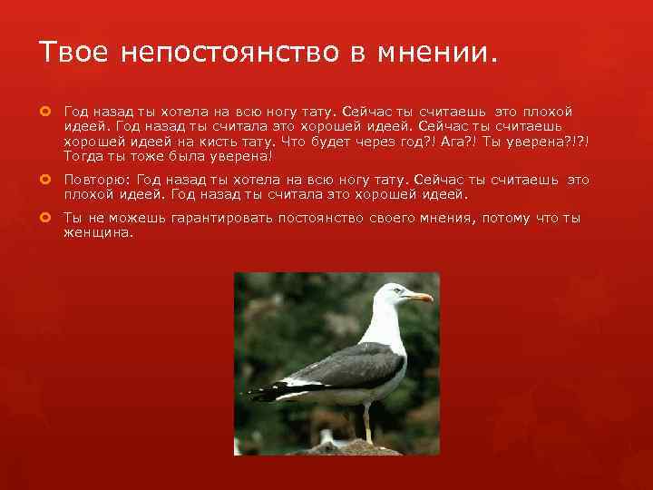 Твое непостоянство в мнении. Год назад ты хотела на всю ногу тату. Сейчас ты