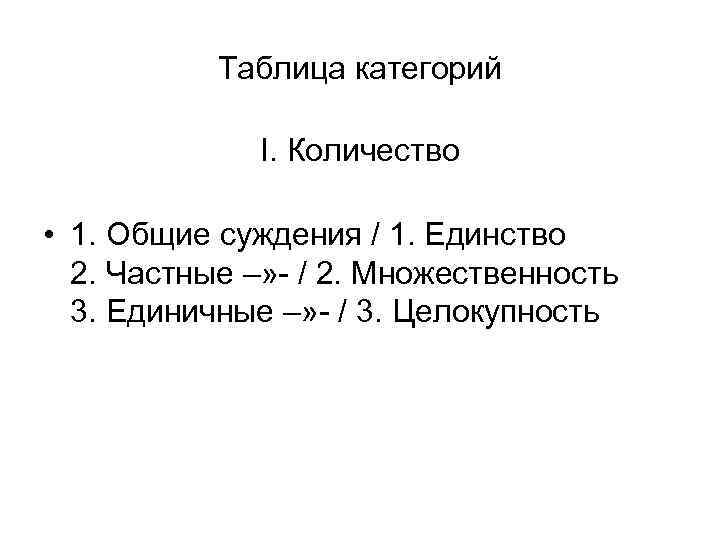 Таблица категорий I. Количество • 1. Общие суждения / 1. Единство 2. Частные –»