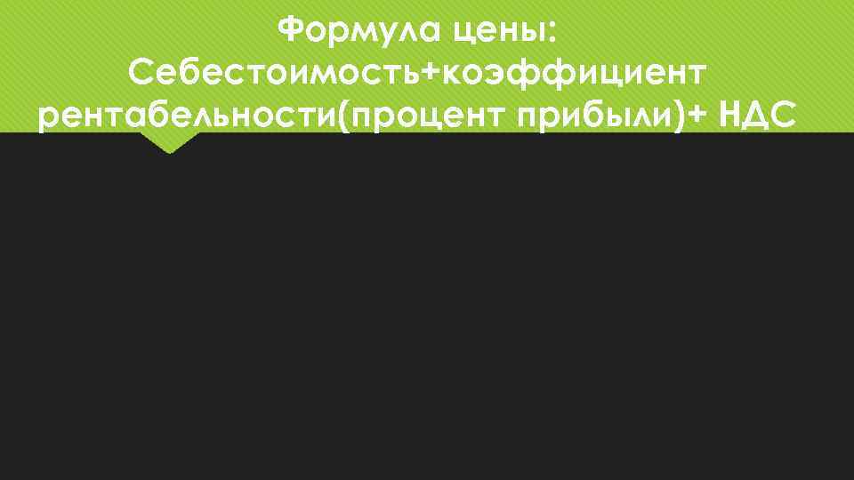 Формула цены: Себестоимость+коэффициент рентабельности(процент прибыли)+ НДС 