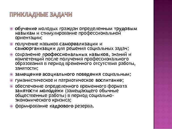  обучение молодых граждан определенным трудовым навыкам и стимулирование профессиональной ориентации; получение навыков самореализации