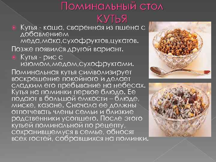 Поминальный стол КУТЬЯ Кутья - каша, сваренная из пшена с добавлением меда, мака, сухофруктов,