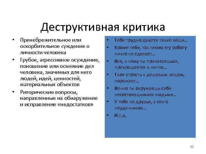 Деструктивная критика • Пренебрежительное или оскорбительное суждение о личности человека • Грубое, агрессивное осуждение,