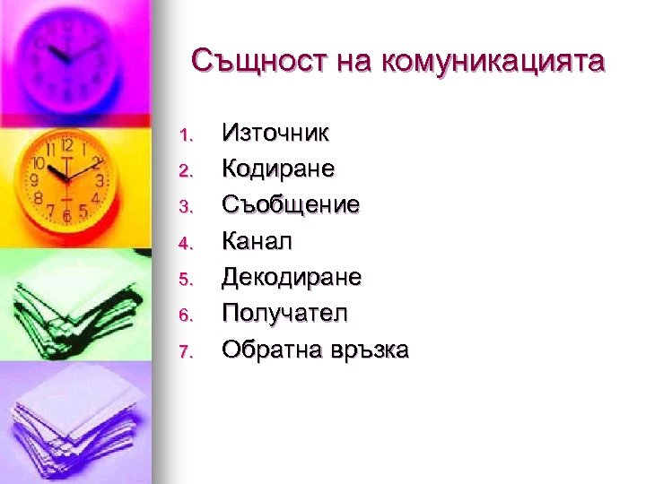 Същност на комуникацията 1. 2. 3. 4. 5. 6. 7. Източник Кодиране Съобщение Канал