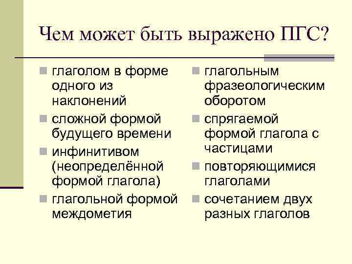 Чем может быть выражено ПГС? n глаголом в форме n глагольным одного из фразеологическим