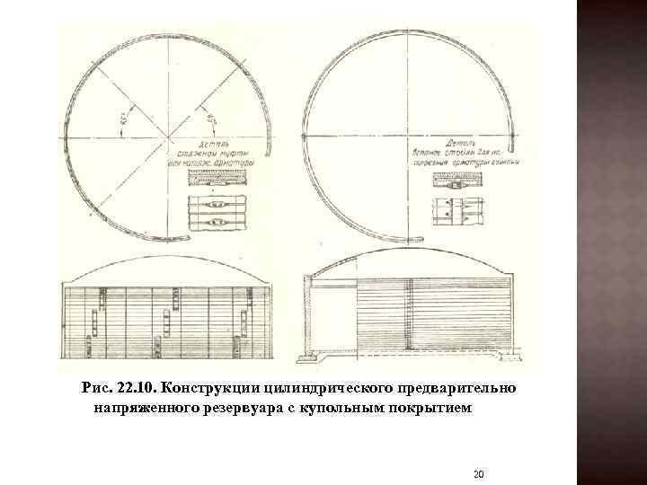 Рис. 22. 10. Конструкции цилиндрического предварительно напряженного резервуара с купольным покрытием 20 