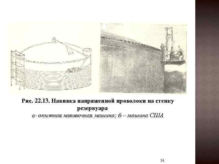 Рис. 22. 13. Навивка напряженной проволоки на стенку резервуара а- опытная навивочная машина; б