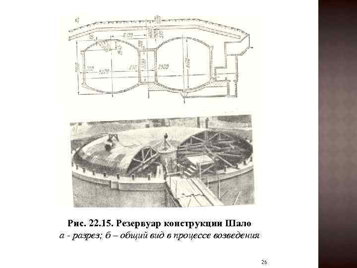 Рис. 22. 15. Резервуар конструкции Шало а - разрез; б – общий вид в