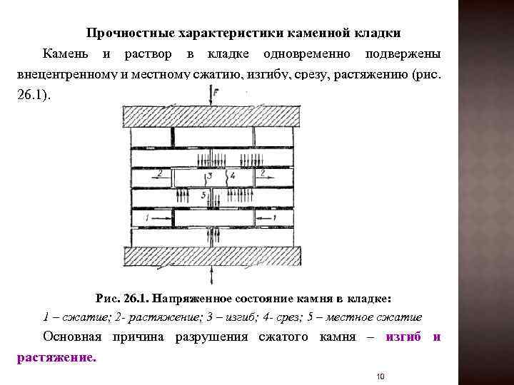 Прочностные характеристики каменной кладки Камень и раствор в кладке одновременно подвержены внецентренному и местному