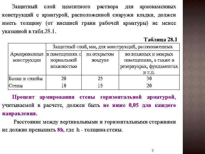 Защитный слой цементного раствора для армокаменных конструкций с арматурой, расположенной снаружи кладки, должен иметь