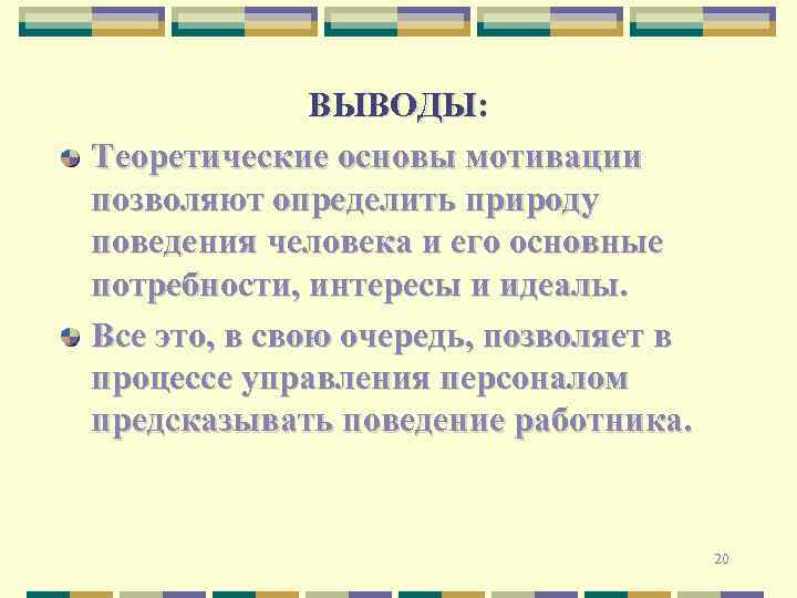 ВЫВОДЫ: Теоретические основы мотивации позволяют определить природу поведения человека и его основные потребности, интересы