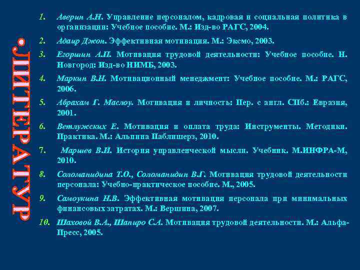 1. Аверин А. Н. Управление персоналом, кадровая и социальная политика в организации: Учебное пособие.