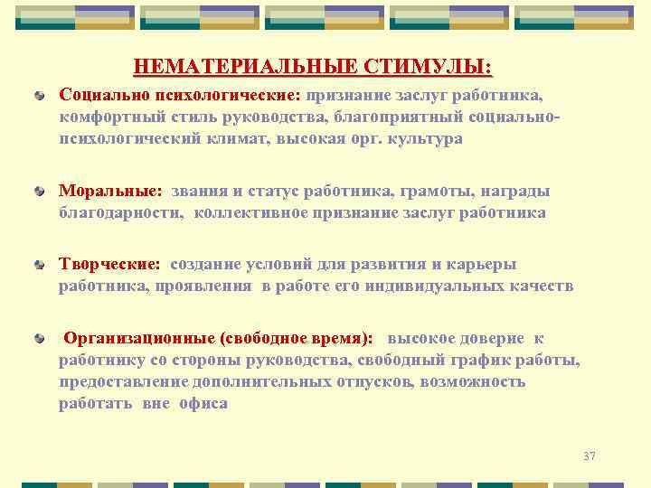 НЕМАТЕРИАЛЬНЫЕ СТИМУЛЫ: Социально психологические: признание заслуг работника, комфортный стиль руководства, благоприятный социальнопсихологический климат, высокая