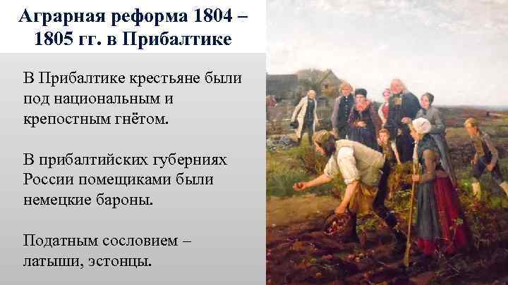 Аграрная реформа 1804 – 1805 гг. в Прибалтике В Прибалтике крестьяне были под национальным