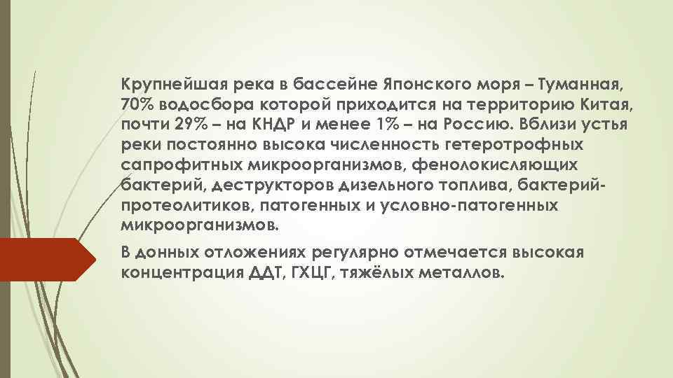 Крупнейшая река в бассейне Японского моря – Туманная, 70% водосбора которой приходится на территорию