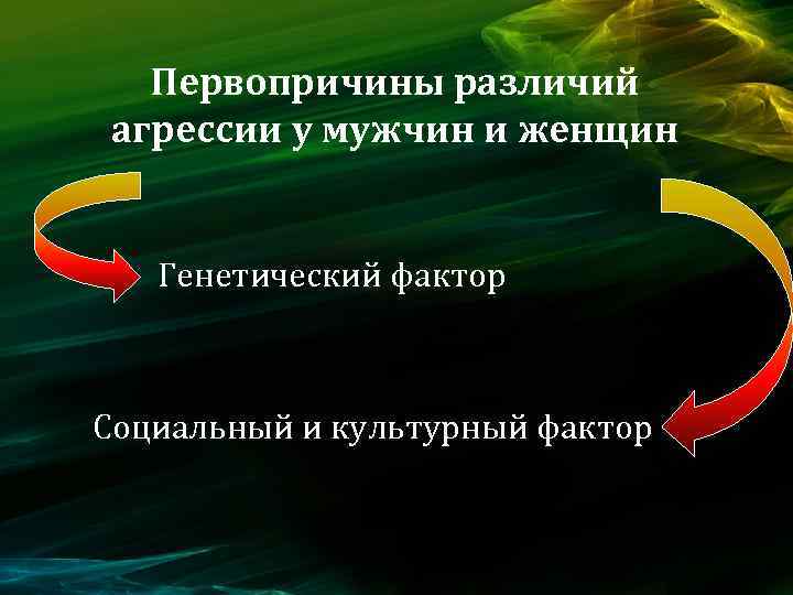 Первопричины различий агрессии у мужчин и женщин Генетический фактор Социальный и культурный фактор 