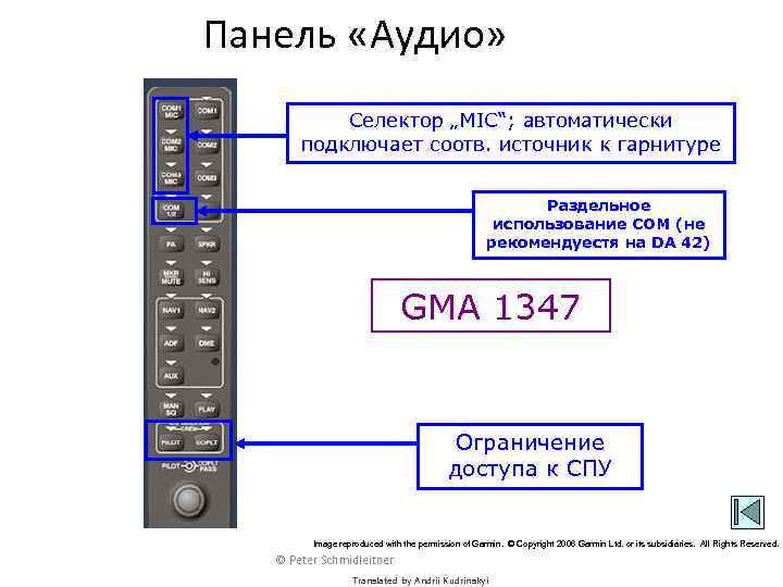 Панель «Аудио» Селектор „MIC“; автоматически подключает соотв. источник к гарнитуре Раздельное использование СОМ (не