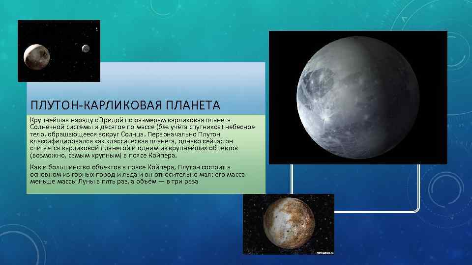 ПЛУТОН-КАРЛИКОВАЯ ПЛАНЕТА Крупнейшая наряду с Эридой по размерам карликовая планета Солнечной системы и десятое