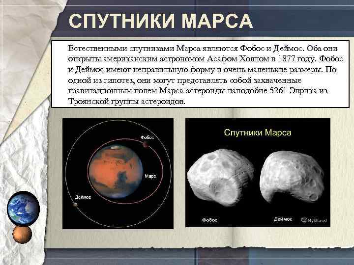 СПУТНИКИ МАРСА Естественными спутниками Марса являются Фобос и Деймос. Оба они открыты американским астрономом