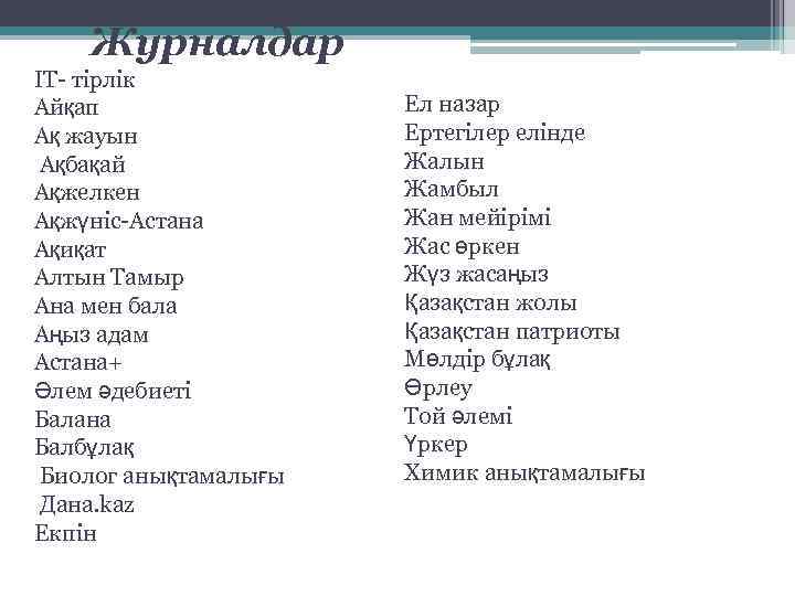 Журналдар IT- тірлік Айқап Ақ жауын Ақбақай Ақжелкен Ақжүніс-Астана Ақиқат Алтын Тамыр Ана мен