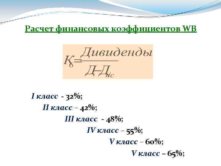 Расчет финансовых коэффициентов WB I класс - 32%; II класс – 42%; III класс