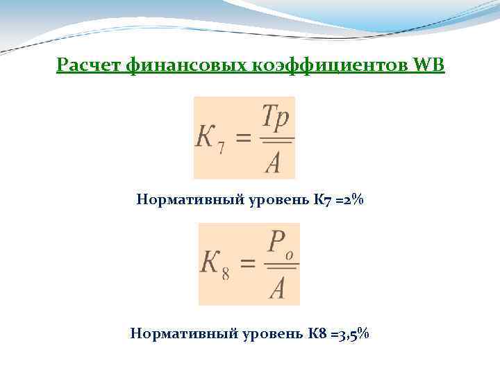 Расчет финансовых коэффициентов WB Нормативный уровень К 7 =2% Нормативный уровень К 8 =3,