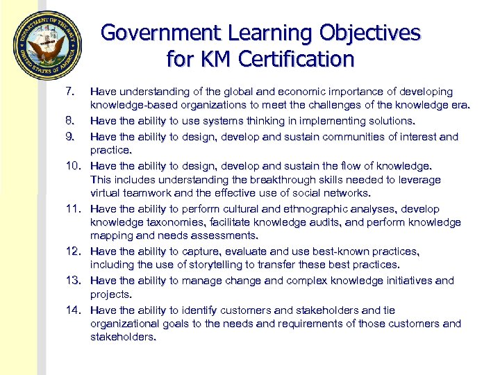 Government Learning Objectives for KM Certification 7. 8. 9. 10. 11. 12. 13. 14.