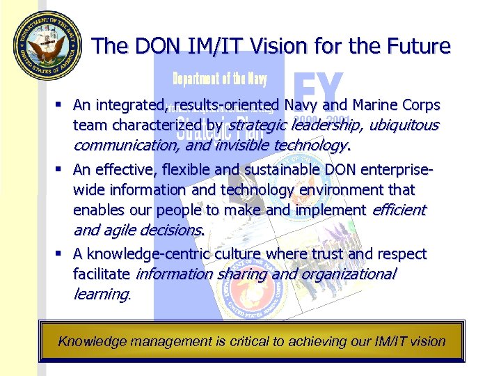 The DON IM/IT Vision for the Future § An integrated, results-oriented Navy and Marine