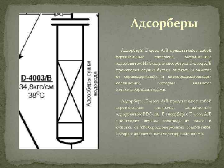 Адсорберы D-4004 A/B представляют собой вертикальные аппараты, заполненные адсорбентом HPG-429. В адсорберах D-4004 A/B