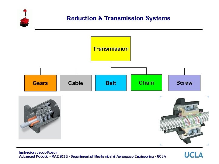 Reduction & Transmission Systems Transmission Gears Cable Belt Chain Instructor: Jacob Rosen Advanced Robotic