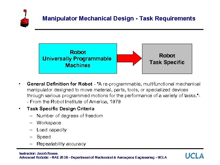 Manipulator Mechanical Design - Task Requirements Robot Universally Programmable Machines • • Robot Task