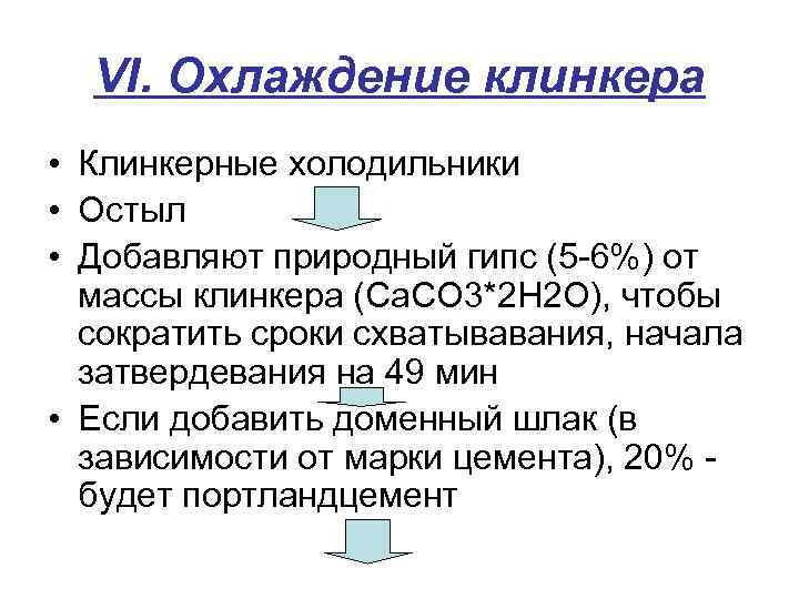 VI. Охлаждение клинкера • Клинкерные холодильники • Остыл • Добавляют природный гипс (5 -6%)