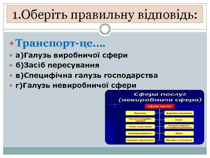 1. Оберіть правильну відповідь: Транспорт-це…. а)Галузь виробничої сфери б)Засіб пересування в)Специфічна галузь господарства г)Галузь