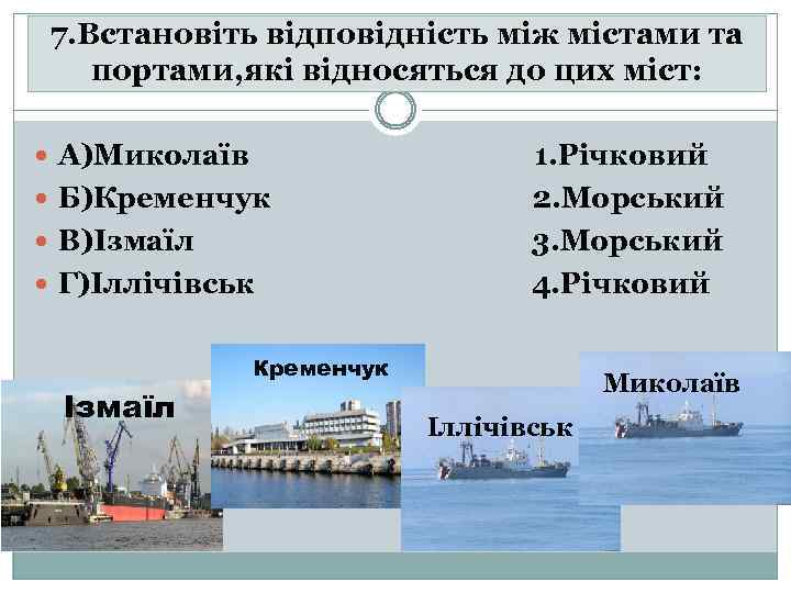 7. Встановіть відповідність між містами та портами, які відносяться до цих міст: А)Миколаїв Б)Кременчук