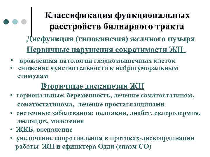 Классификация функциональных расстройств билиарного тракта Дисфункция (гипокинезия) желчного пузыря Первичные нарушения сократимости ЖП •