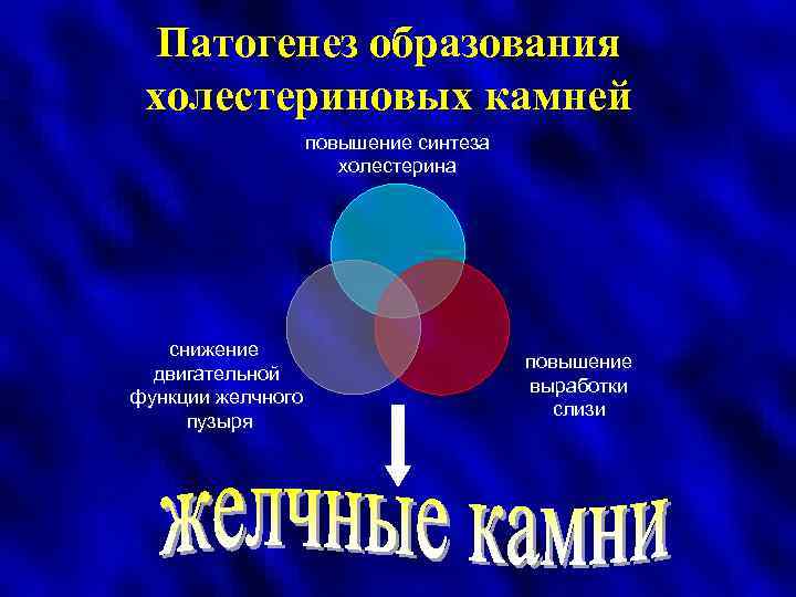Патогенез образования холестериновых камней повышение синтеза холестерина снижение двигательной функции желчного пузыря повышение выработки