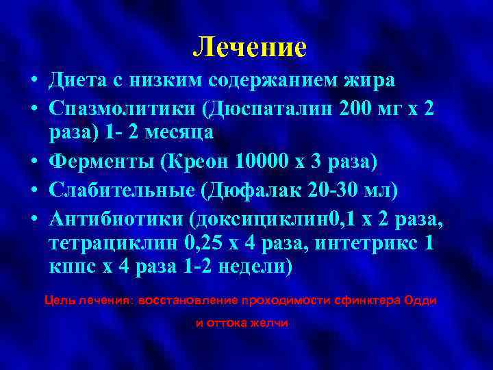 Лечение • Диета с низким содержанием жира • Спазмолитики (Дюспаталин 200 мг х 2