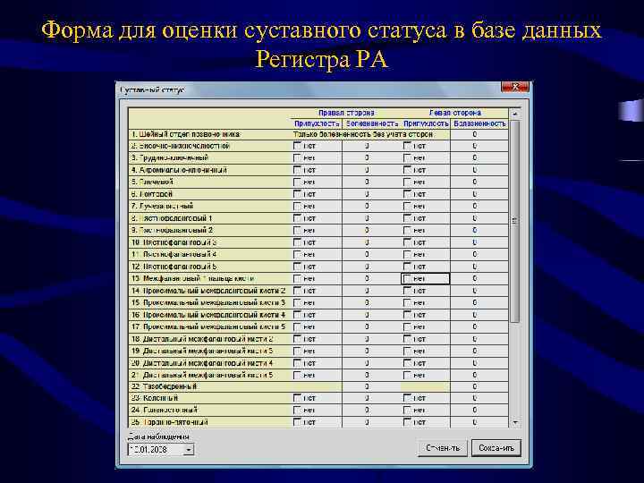 Форма для оценки суставного статуса в базе данных Регистра РА 