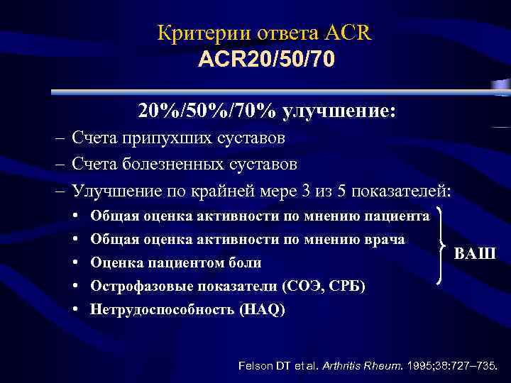 Критерии ответа ACR 20/50/70 20%/50%/70% улучшение: – Счета припухших суставов – Счета болезненных суставов