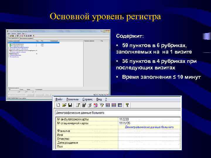 Основной уровень регистра Содержит: • 59 пунктов в 6 рубриках, заполняемых на на 1
