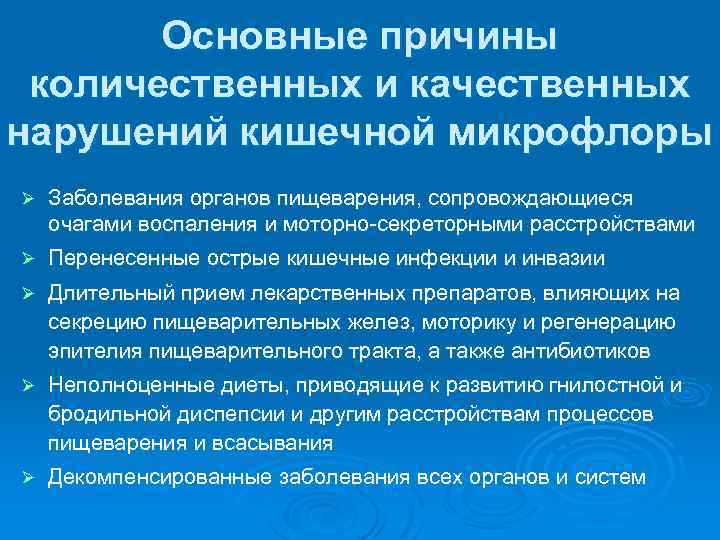 Основные причины количественных и качественных нарушений кишечной микрофлоры Заболевания органов пищеварения, сопровождающиеся очагами воспаления