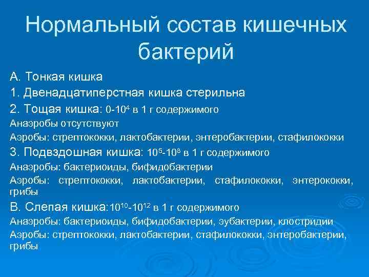 Нормальный состав кишечных бактерий А. Тонкая кишка 1. Двенадцатиперстная кишка стерильна 2. Тощая кишка: