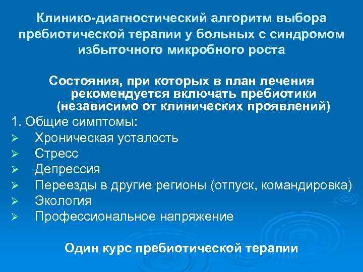 Клинико-диагностический алгоритм выбора пребиотической терапии у больных с синдромом избыточного микробного роста Состояния, при
