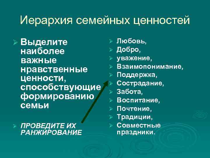 Иерархия семейных ценностей Ø Выделите наиболее важные нравственные ценности, способствующие формированию семьи Ø ПРОВЕДИТЕ
