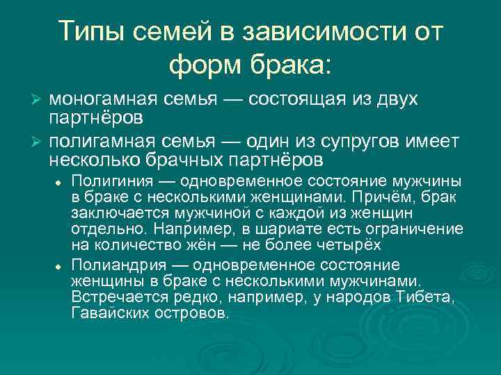 Типы семей в зависимости от форм брака: моногамная семья — состоящая из двух партнёров