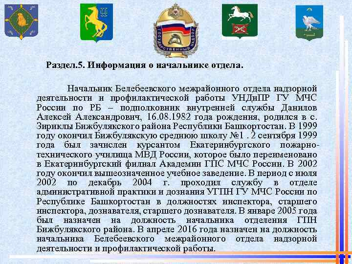 Раздел. 5. Информация о начальнике отдела. Начальник Белебеевского межрайонного отдела надзорной деятельности и профилактической