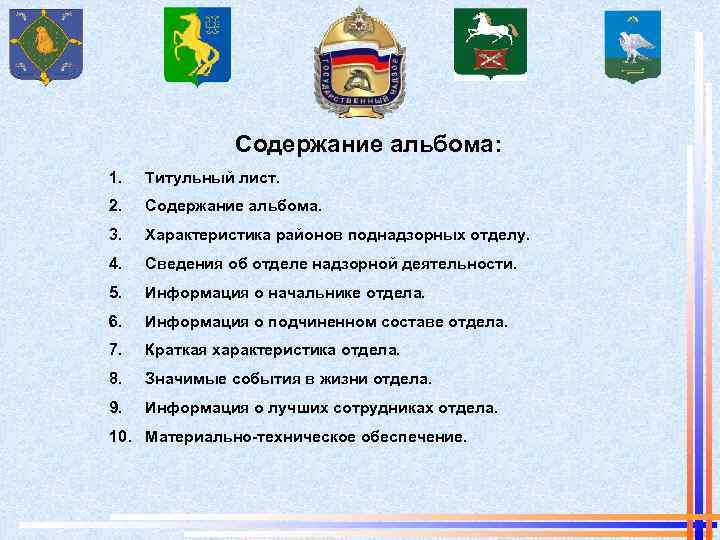 Содержание альбома: 1. Титульный лист. 2. Содержание альбома. 3. Характеристика районов поднадзорных отделу. 4.